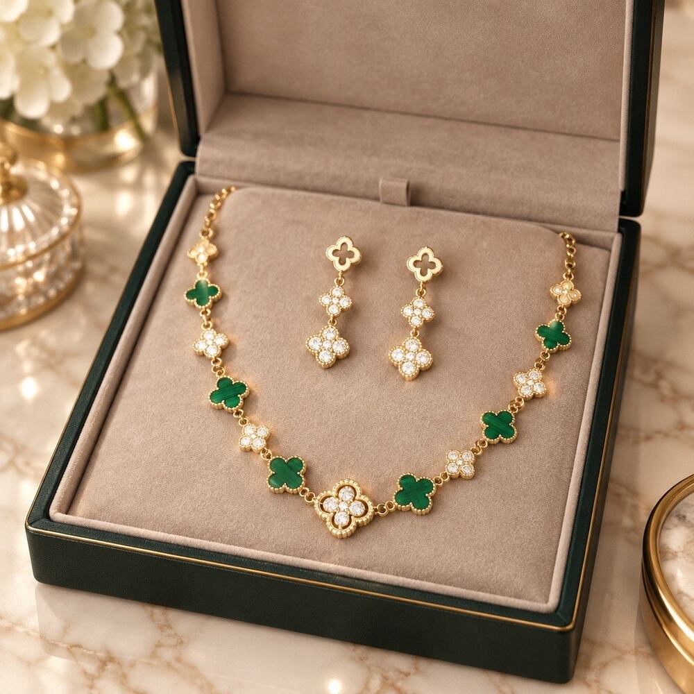 Green Quatrefoil Drop Stations Jewelry Set